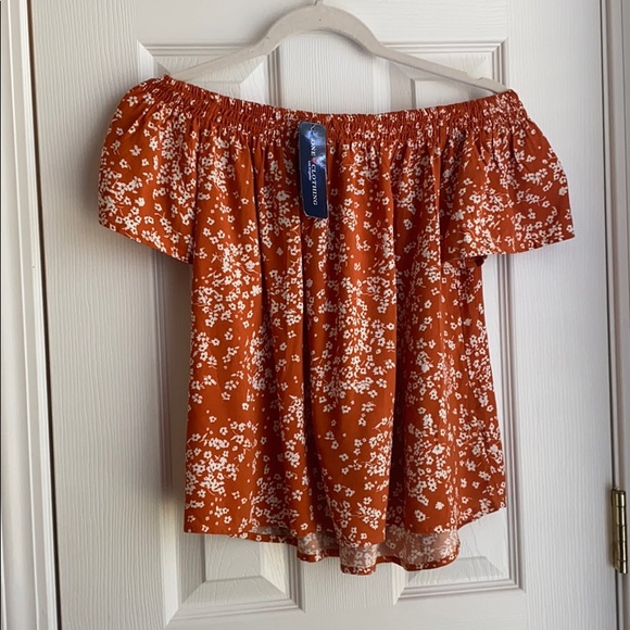 NWT One Clothing Floral Orange Off Shoulder Top - Picture 3 of 6